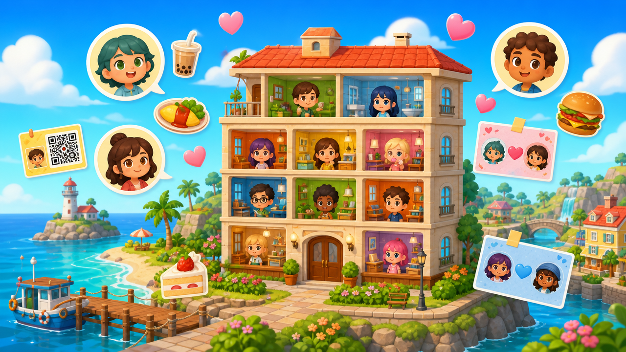 Island apartment guide art with avatar faces, hearts, food icons, QR cards, and relationship notes